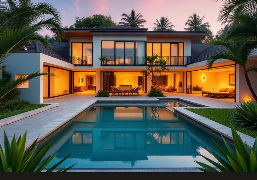 Citraland House exterior with pool at dusk